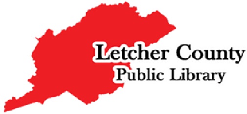 The words Letcher County Public Library in Black through the shape of Letcher County, KY in red