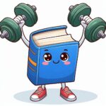 an animated blue book wearing red sneakers lifting free-weights.