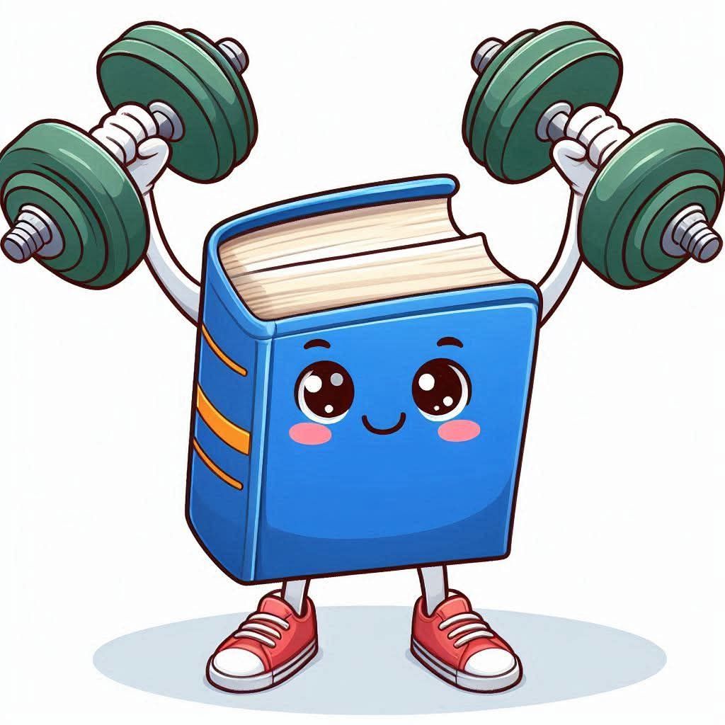 an animated blue book wearing red sneakers lifting free-weights.