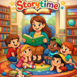 Kids surrounding a librarian while she reads a story book